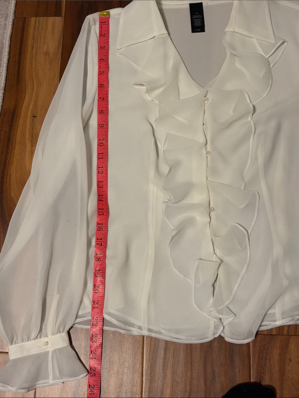 90s White Ruffle V-Neck Sheer Button Up Blouse. Ruffle Top. - Picture 8 of 9